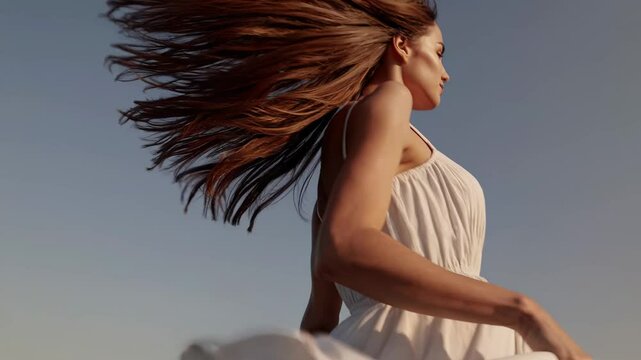 Sunlight bathing woman wearing flowing white dress, walking through golden grass field, hair swirling softly during graceful twirling movement, embracing natural landscape serenity