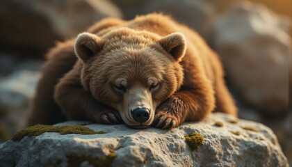 Obraz premium A weathered, moss-covered boulder mimics the soft fur of a sleeping brown bear, featuring gentle wisps and subtle shadows in warm earthy tones.