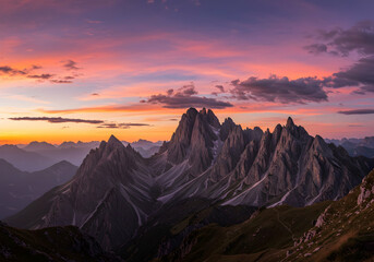 Naklejka premium Majestic Mountain Peaks at Colorful Sunset in the Dolomites, Italy