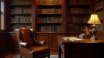 Classic Study Room with Dark Wood Bookshelves and Leather Armchair