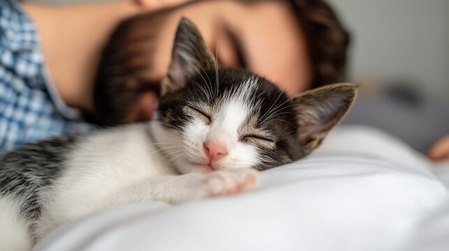 National Pet Day, Adorable Kitten Sleeping Peacefully with its Owner Close Up Shot of a Man and his Cat Napping - Powered by Adobe