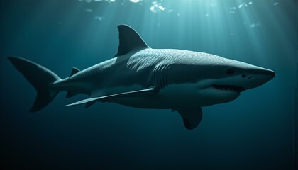 Obraz premium Close-up of silky shark's textured skin, showcasing intricate dermal denticles, soft oceanic light, charcoal grey to inky black shadows.