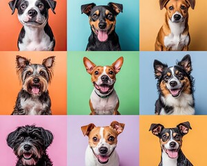 Obraz premium Tiny dogs are striking poses and gazing into the camera. These cute pets or puppies seem delighted. The collage showcases different purebred puppies. It’s creatively isolated on a colorful studio