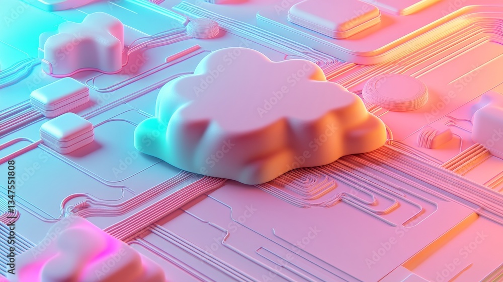 Poster data storage technology is conceptualized as a cloud symbol on a wooden block, with blue strings ind