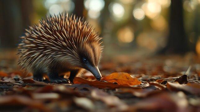 Echidna sniffing curiously fallen gum leaf delicate interaction with nature framed by warm earthy tones A shallow depth of field isolates the subject while maintaining a soft immersive forest ambiance