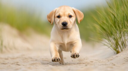 National Pet Day, Adorable Yellow Labrador Retriever Puppy Running on Sandy Beach Summer Fun