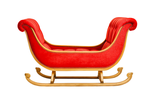 Santa's luxurious red velvet sleigh, golden trim , cut out transparent