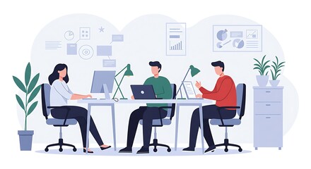 Flat Vector Illustration of Teamwork in a Modern Office Setting