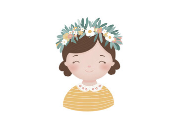 Sweet girl with a floral wreath – transparent background spring character illustration ,girl with flower.