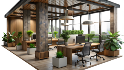 A modern office space with biophilic design elemen