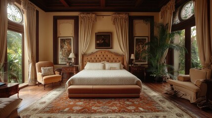 Luxurious vintage bedroom with elegant decor and large windows