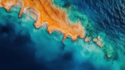 Fototapeta premium Aerial view of a vibrant coral reef with a gradient of turquoise water meeting a stunning orange sandbar