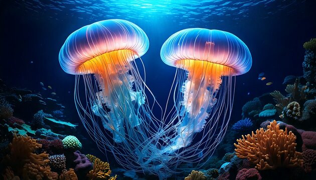 two transparent jelly fish in deep ocean with coral reefs