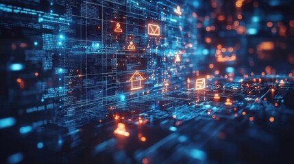 Fototapeta premium Futuristic digital interface with glowing data icons and network connections