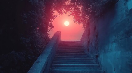 Dreamy staircase at sunset with pink hues and silhouetted foliage surrounding stone steps