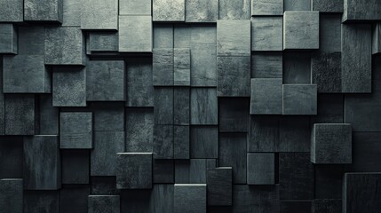 Square blocks are used to create a futuristic, semigloss background, with 3D tiles arranged to form a black wall, as seen in this 3D render