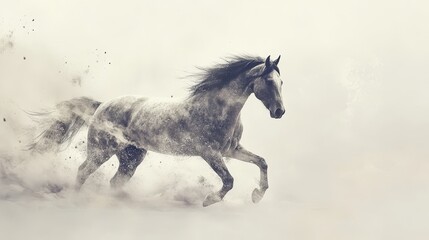 A black horse is shown alone on a white background, described with terms including horse, animal, isolated, white, black, stallion, modern, running, illustration, farm, mammal, gallop, equestrian,