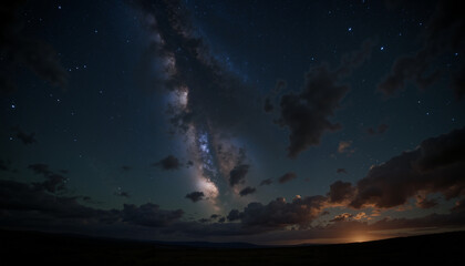 Stunning Milky Way galaxy view with dramatic clouds illuminating the night sky over a serene landscape.