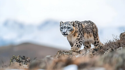 Fototapeta premium Snow Leopard Walking On Rocky Mountain