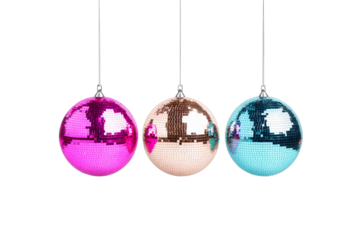Disco balls hanging on strings in pink, copper, blue, cut out transparent