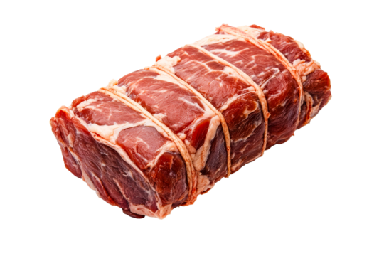 Roast beef tied with string against a black background, cut out transparent