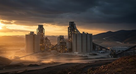 Large cement factory with massive kilns, rotating mixers, and industrial conveyor belts transporting raw materials

