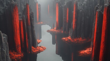 Red illuminated formations surround a tranquil waterway within a dark landscape