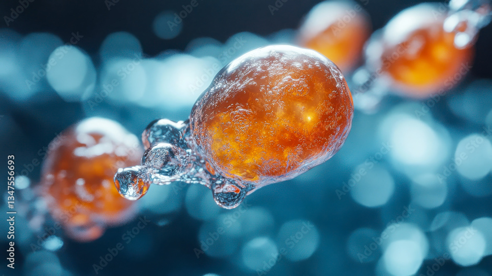 Poster close-up of an artificial embryo-like structure in an orange and blue glowing fluid environment