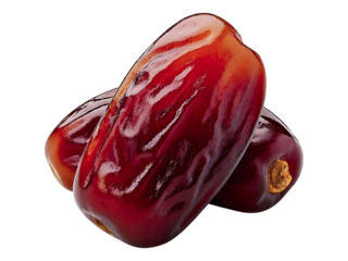 Close-up of two glossy, ripe dates against a clean white background.  Perfect for food blogs, packaging, or culinary websites.  High-resolution image showcasing rich color and texture.