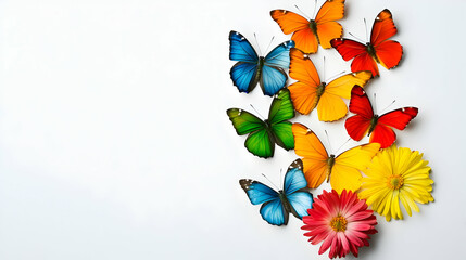 Colorful Butterflies And Flowers On White Background