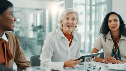 Meeting, review and tablet with business women in boardroom of office for planning or strategy. Collaboration, discussion and smile with happy employee team in workplace for agenda or feedback