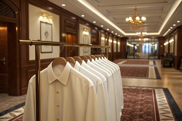 Luxurious dry cleaners showcasing pristine white shirts in a high-class setting in the heart of the city