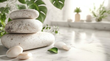 Zen tranquility: spa stones and greenery on marble surface