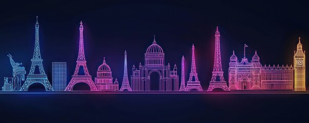 Neon outlines iconic architectural landmarks