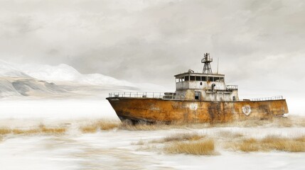 An old abandoned boat sits in a desolate winter landscape