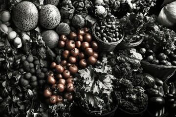A captivating monochrome still life showcasing a diverse array of fresh vegetables and herbs.