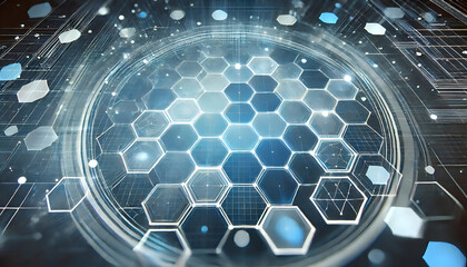 A futuristic digital hexagon pattern, glowing in shades of blue and white, creating a high-tech, sleek background