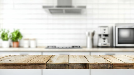 Obraz premium Wooden Kitchen Countertop Table In Modern Kitchen With Blurry Background