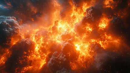 A vibrant explosion of fiery clouds and cosmic dust in deep space, radiating intense heat and energy