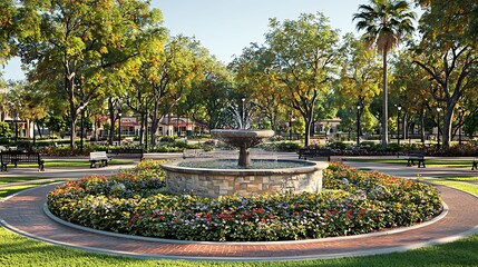 Obraz premium Sunny park fountain, floral landscaping