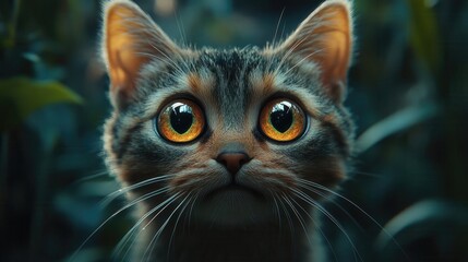 Close-up of wide-eyed cat with vibrant amber eyes in lush greenery