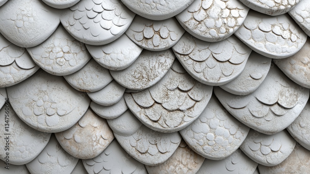 Poster a 3d rendering depicts fish scale mosaic tiles in a wall pattern, overlaid on a block of polished wh
