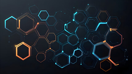 Interlocking hexagonal shapes of varying sizes, fading from light to dark, forming a futuristic network of digital connections
