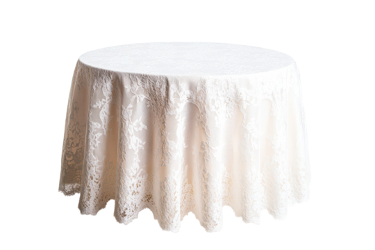 Round table covered with laced tablecloth isolated, cut out transparent