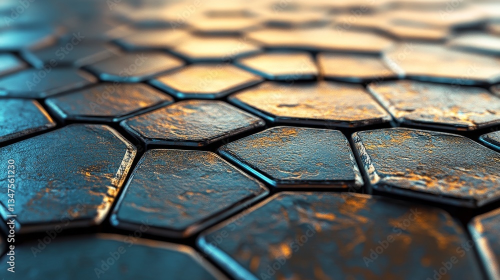 Poster glossy, 3d mosaic tiles are arranged in the shape of a wall, complemented by a background of stacked