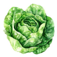 Obraz premium Fresh green butterhead lettuce, top view watercolor painting on white, this vegetable look delicious, healthy, and organic for ingredient
