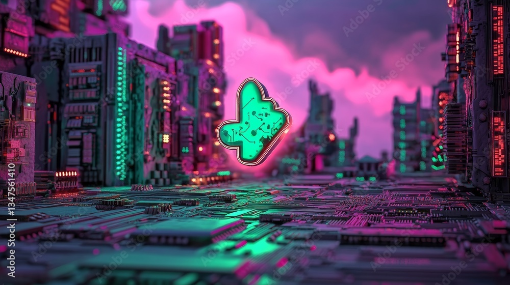 Poster green data storage technology is symbolized by a 3d rendered neon cloud upload icon, situated on a s