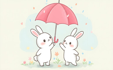 Cute Cartoon Bunnies Sharing an Umbrella.