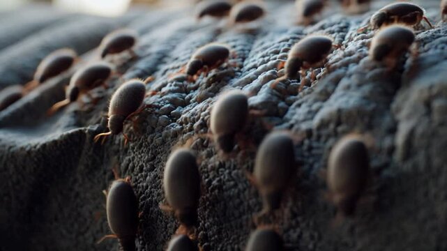 Numerous carpet beetles are traversing a textured fabric surface