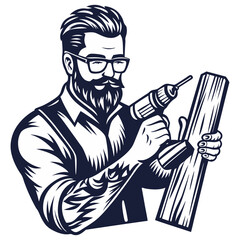 Carpenter hipster with drill, screwdriver in hands for craft workshop. Silhouette craftsman with tools for construction, carpentry and woodworking. Handmade, craftsmanship with woodcraft, repair work